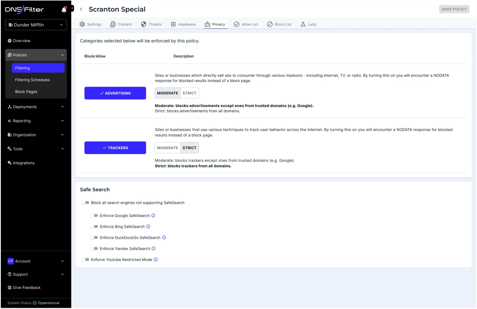 Privacy settings: advertising and tracker blocking with safe search options