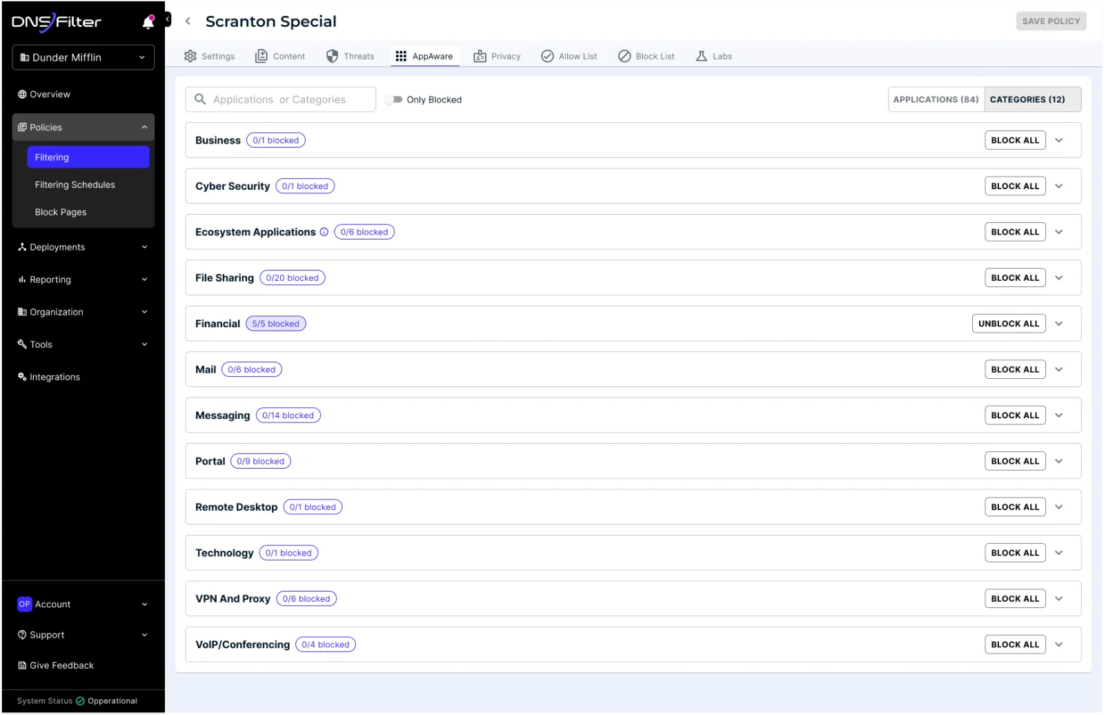 Application filtering: application categories with block all controls