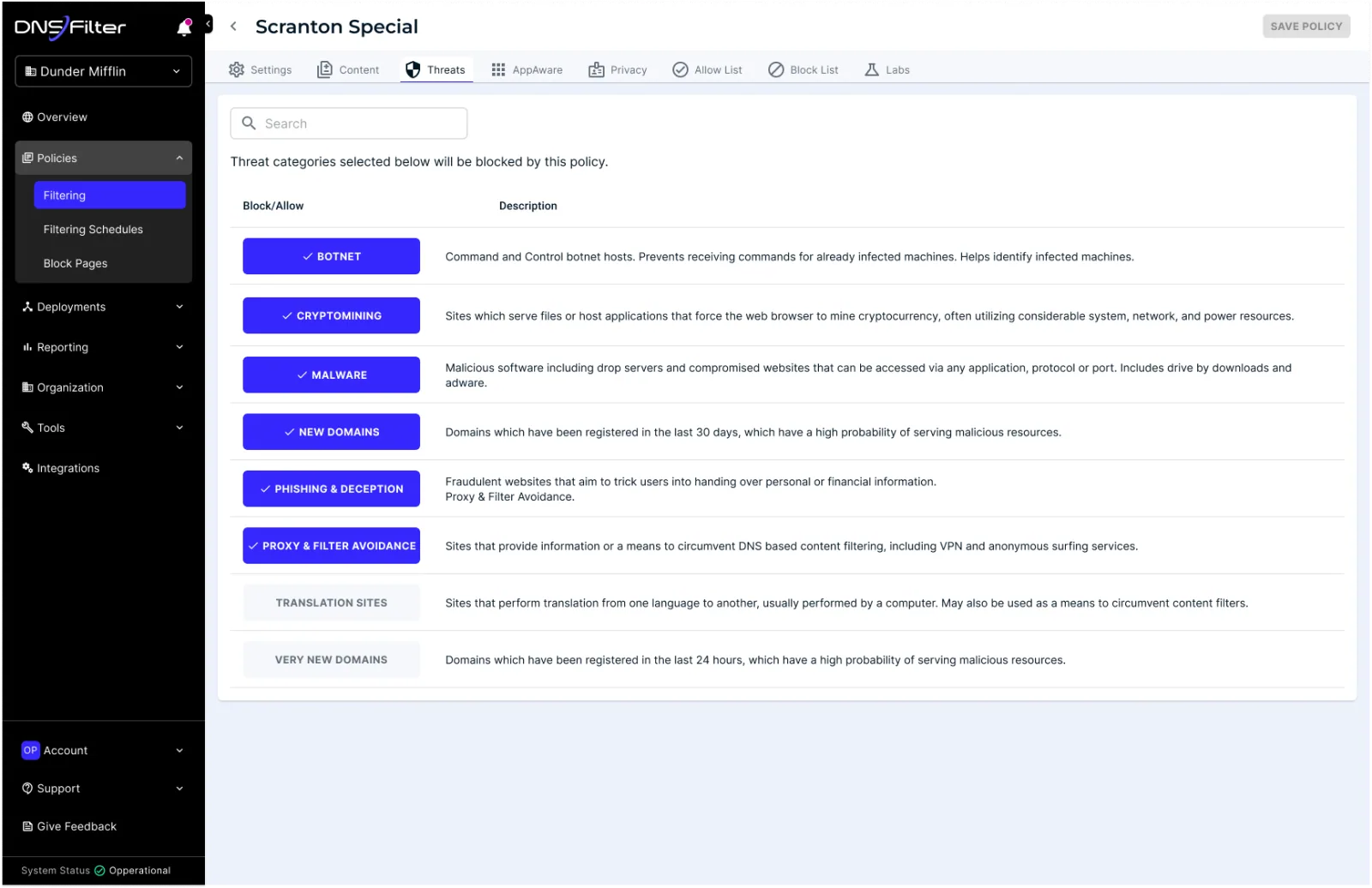 Threat filtering: botnet, cryptomining, malware, phishing, and proxy categories