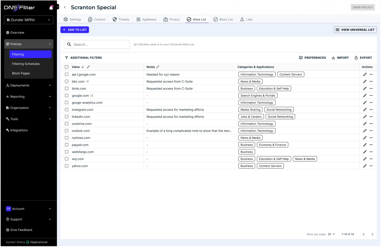 Allow list: domains with notes and categories