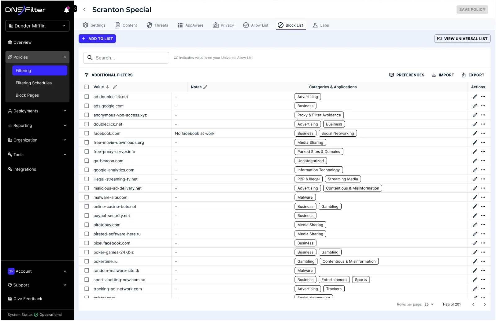 Block list: domains with categories and actions