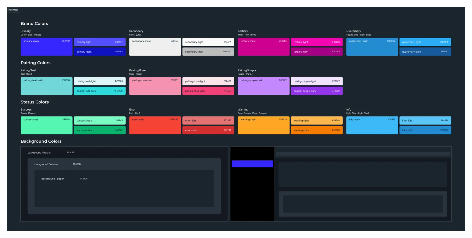 Dark mode color palette: brand, pairing, status, and background colors