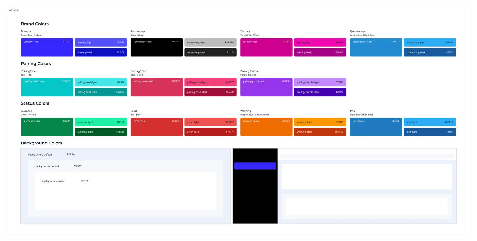 Light mode color palette: brand, pairing, status, and background colors